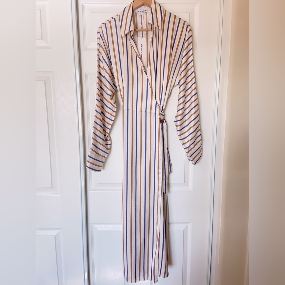 NWT $698 Veronica Beard Noor Stripe Belted Long Sleeve Wrap Dress